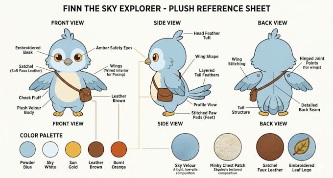 draw a detailed custom character plush reference sheet stuffed toy