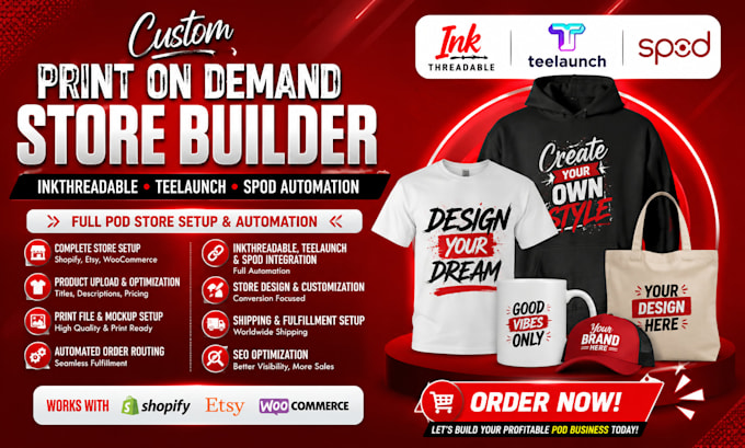 custom print on demand store builder inkthreadable teelaunch automation spod