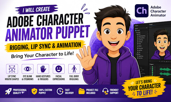create custom adobe character animator puppet, rigging, lip sync and animation