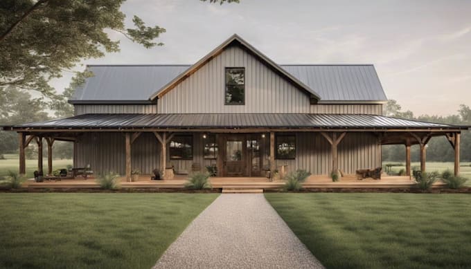 design barndominium and pole barn house plan and floor plan rendering