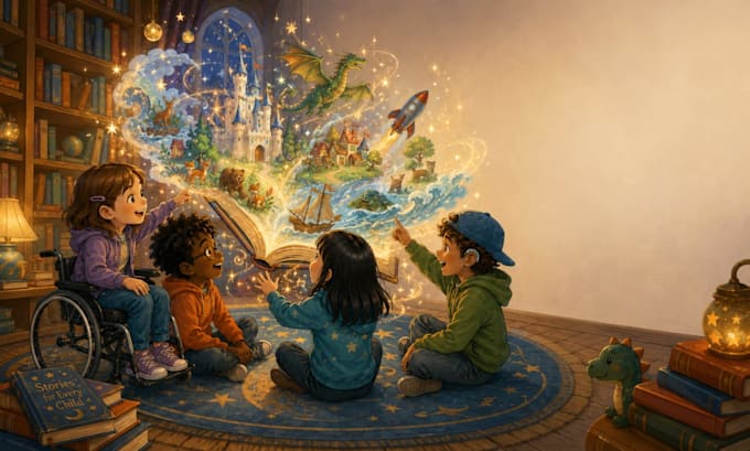 illustrate diverse and inclusive children book with authentic characters