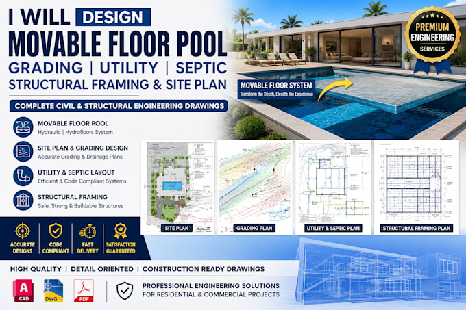 design movable floor pool grading utility septic structural framing site plan