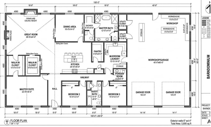 draw detailed residential floor plans for barndominiums