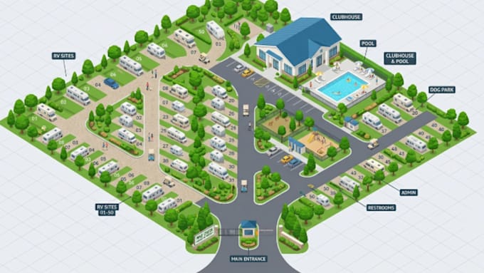 draw redraw custom vector site rv park map treasure city property isometric map
