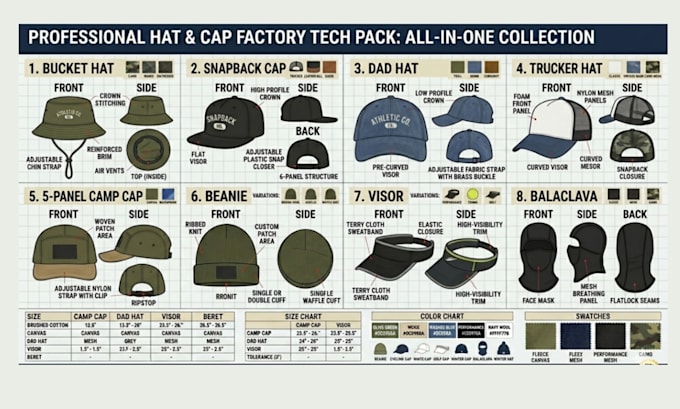design hat, cap tech pack, trucker, bucket hat with flat sketch and mockup