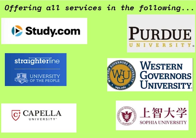 help with purdue, straihterline, wgu, capella, sophia and studycom