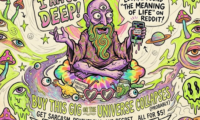 do hand drawn lowbrow trippy psychedelic glitch image art style design for you
