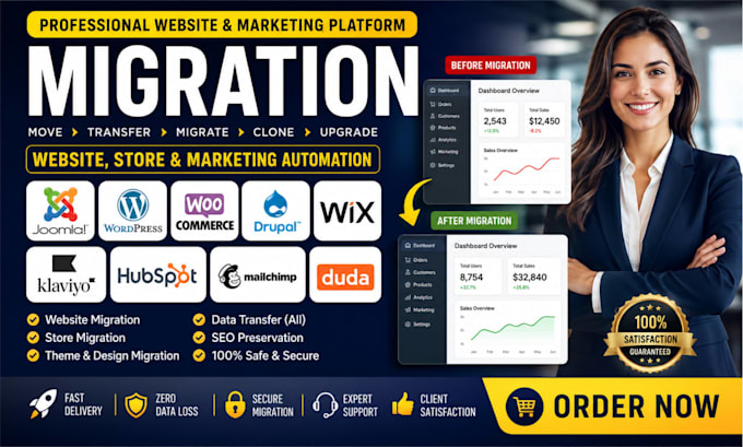 joomla wordpress woocommerce migration klaviyo hubspot mailchimp duda drupal wix
