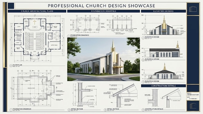 design professional church architectural plans, elevation and foundation drawing