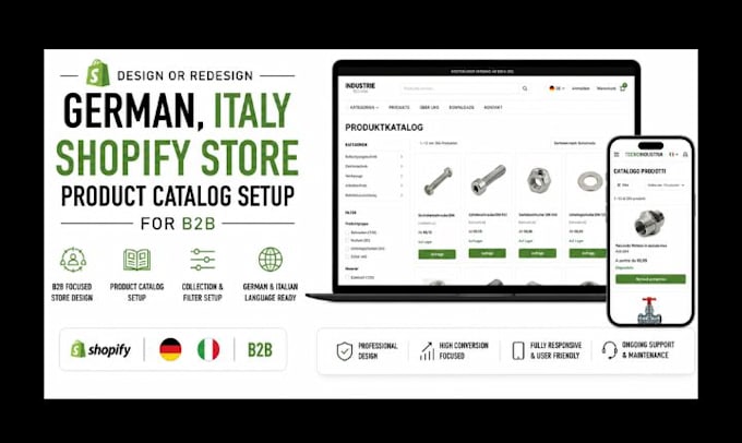 design or redesign german, italy, shopify store product catalog setup for b2b