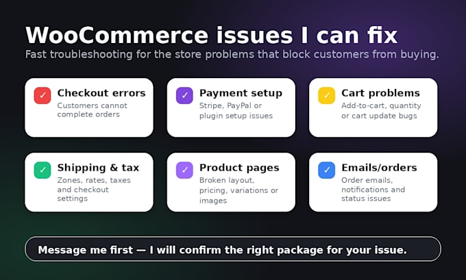 fix woocommerce checkout, cart, payment, or store issues