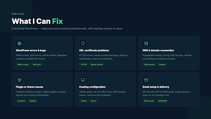 fix wordpress issues, SSL, dns, hosting, and email problems