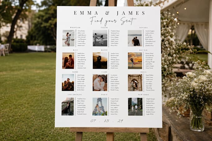 design wedding seating chart, seating plan and welcome board