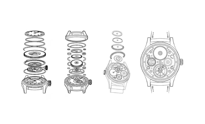 create custom 3d watch model, technical drawing and animation