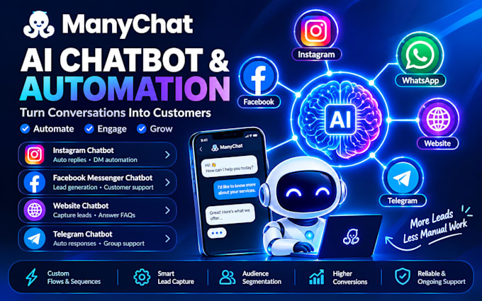 create manychat chatbot for instagram facebook website telegram automate chatbot