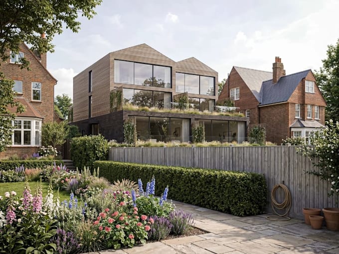remodel 3d home extension, residential exterior render, garden landscape design