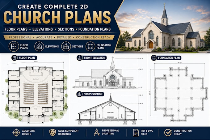create complete 2d church floor plans, elevations, sections and foundation plans
