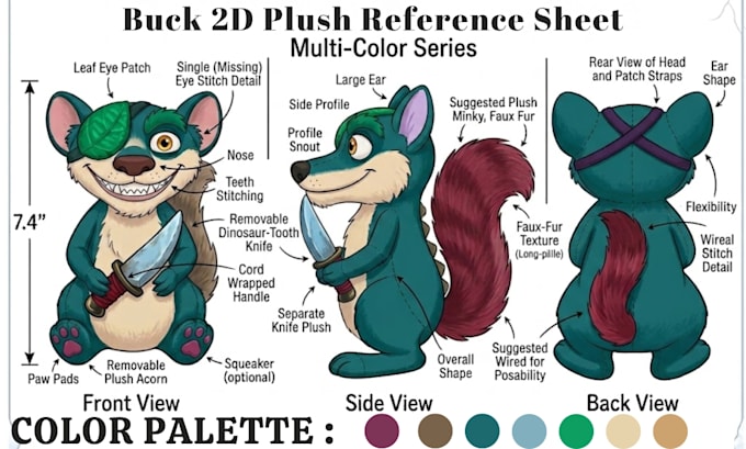 design 2d plush character reference sheet stuffed animal tech pack soft toy ych