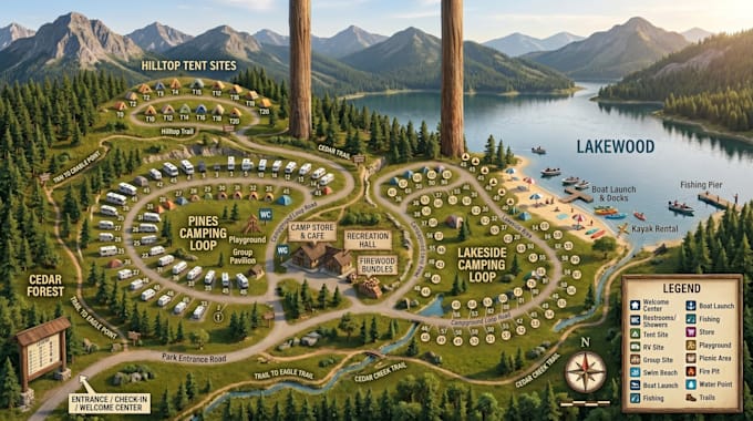design resort map, rv map, campsite map, campground map, office map, hiking map