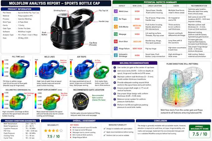 create a dfm analysis report and mold flow recommendation for injection molding