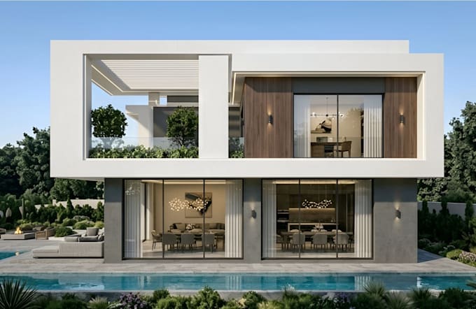 cgi render for beach villa,3d duplex house exterior, outdoor lounge layout,patio