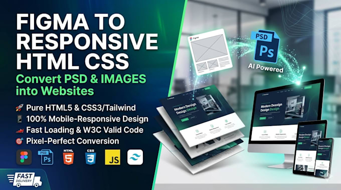 convert figma, psd, or image to responsive html css landing page or website