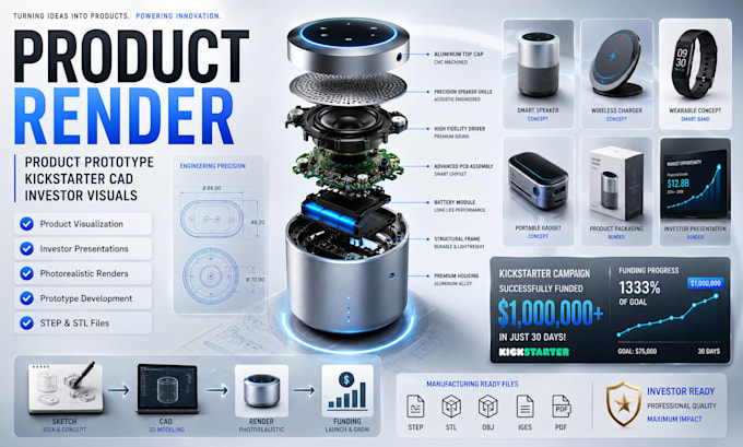 create product prototype, product render, kickstarter cad, investor render