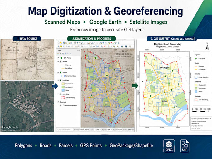 create gis maps, digitize data, georeference maps, and perform spatial analysis