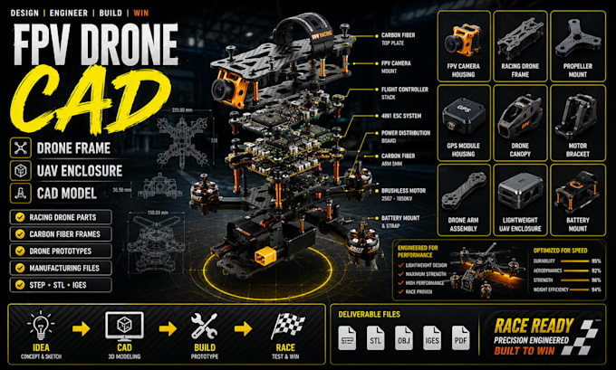 design drone cad, drone frame, uav enclosure, fpv drone parts, cad model