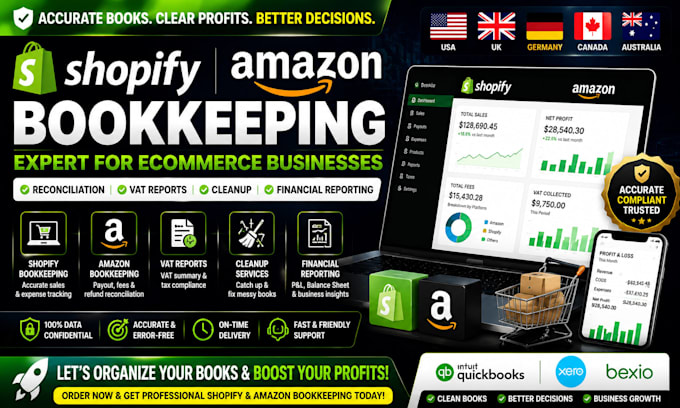 do shopify amazon bookkeeping, reconciliation, vat reports, cleanup, financial