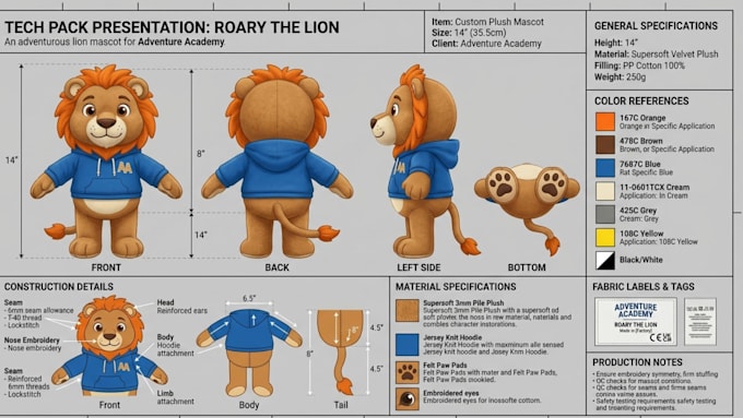 design plush reference sheet tech pack stuffed toy ready for production
