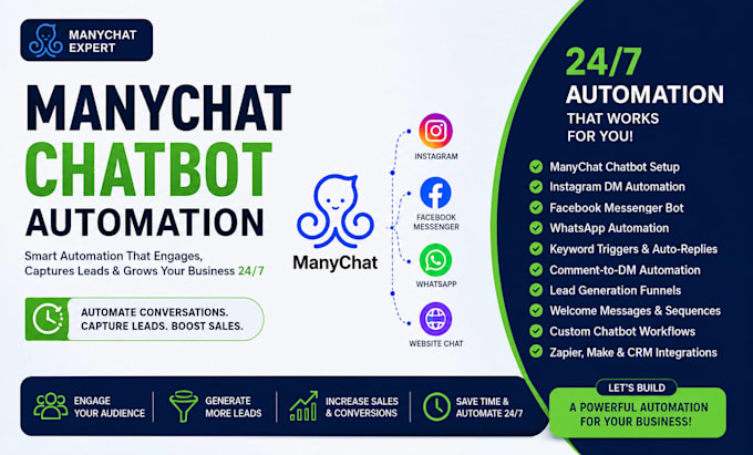 do manychat instagram, facebook, whatsapp autiomation manychat chatbot workflow