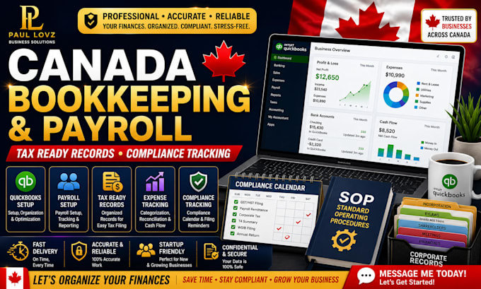 handle canada bookkeeping, tax preparation, payroll setup, compliance tracking