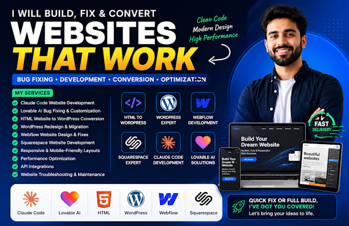 claude code HTML website to wordpress lovable ai bug fixing squarespace webflow