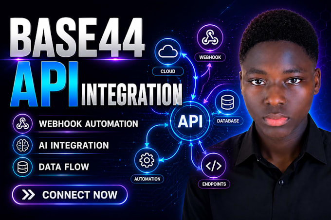setup base44 api integration, webhook automation, data flow and ai integrations