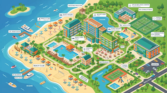 design 2d flat or isometric resort map, hotel map, tourist map, campground map