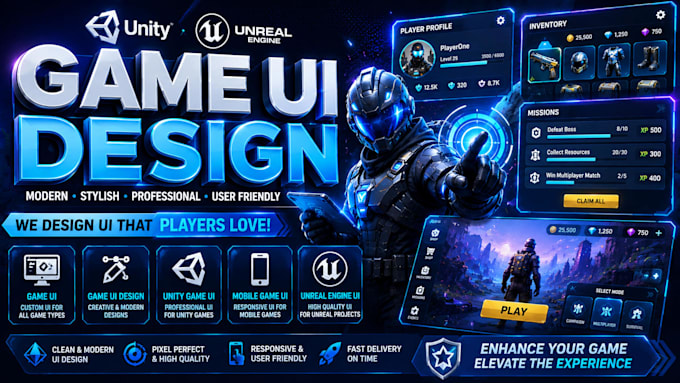 create stunning unity game UI, mobile game UI, unreal engine UI, game UX design