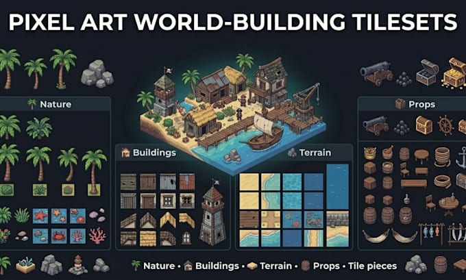 design pixel art tilesets, props and game environments