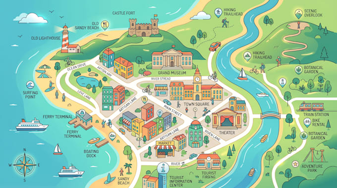 illustrate vector tourist map, travel map, visitor guide map and destination map