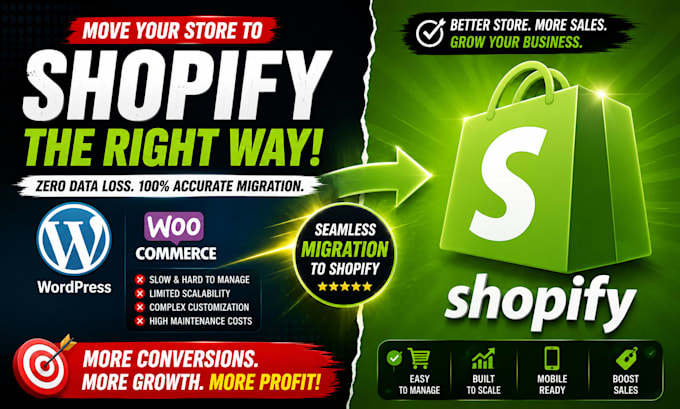 migrate wordpress to shopify, woocommerce to shopify, wix or shopify migration