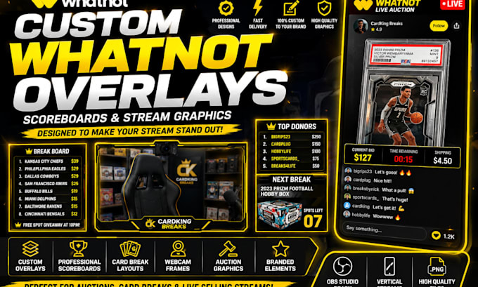 design custom whatnot overlays, scoreboards and stream graphics