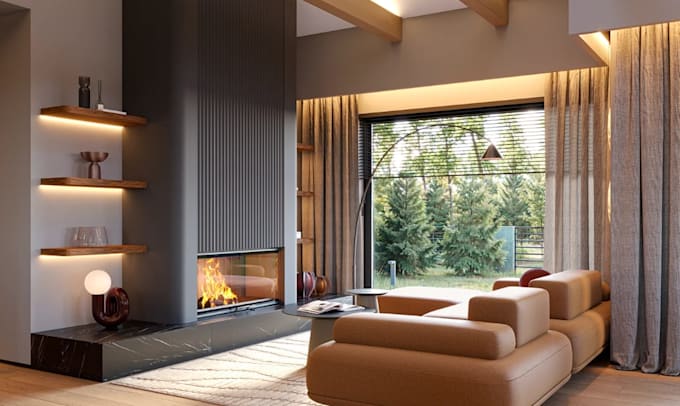 create 3d private  house interior, commercial, kitchen, modern living room,