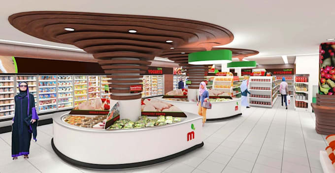 design beautiful 3d supermarket, retail store interior, shopping mall rendering