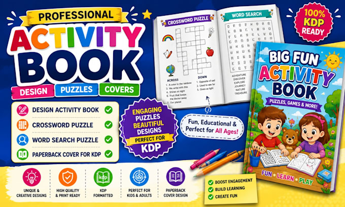 design activity book, crossword, word search puzzle, paperback cover for KDP