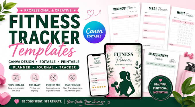 create fitness tracker templates, canva design, journal, editable, planner
