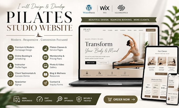 design a pilates studio website with wix, wordpress, squarespace, fitness studio