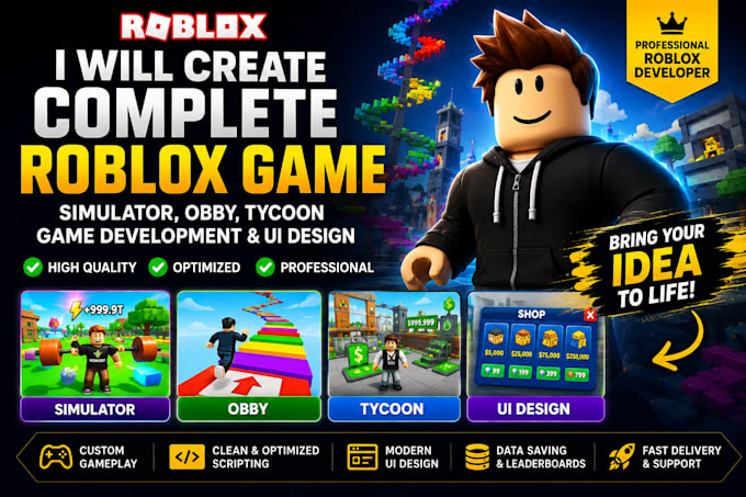 create a complete roblox game, simulator, obby, tycoon game developer, ui design