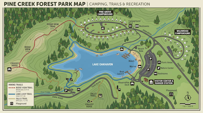 create camping map, park map, custom map, trail map and campground map