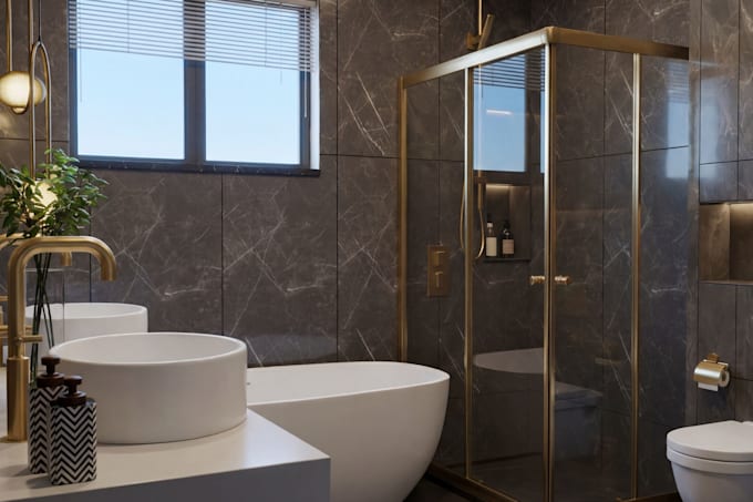 create a luxury photorealistic 3d bathroom design and interior visualization