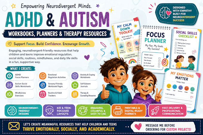 create adhd planners and autism worksheets for kids and teens